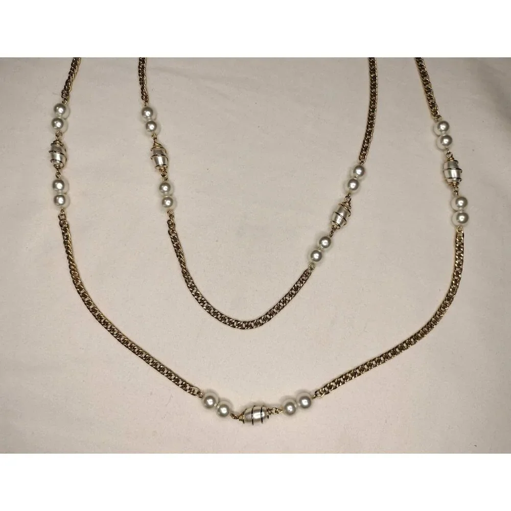 Sarah Coventry Vintage Gold Tone Chain Faux Pearl Pendant Long Necklace Jewelry - Picture 12 of 16